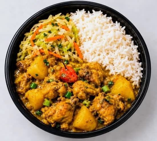 Chicken curry with white rice, cabbage, and carrots