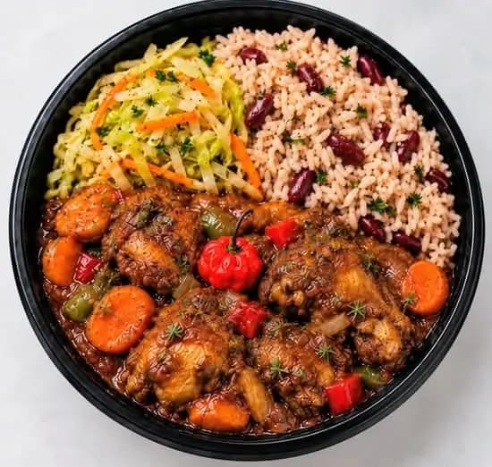 Stew chicken with rice and beans, cabbage, and carrots