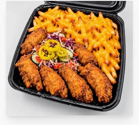 Wings with cheese fries, cabbage, and carrots