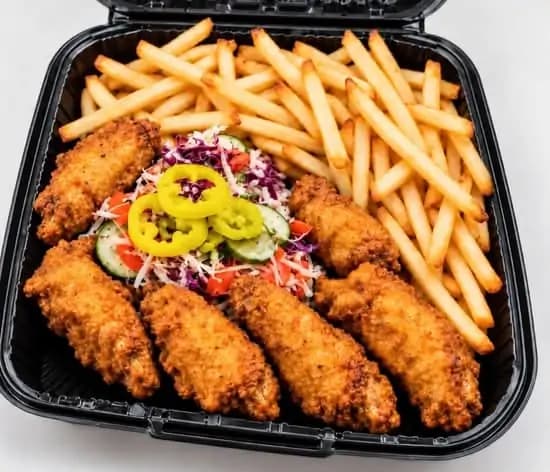 Wings with fries, cabbage, and carrots